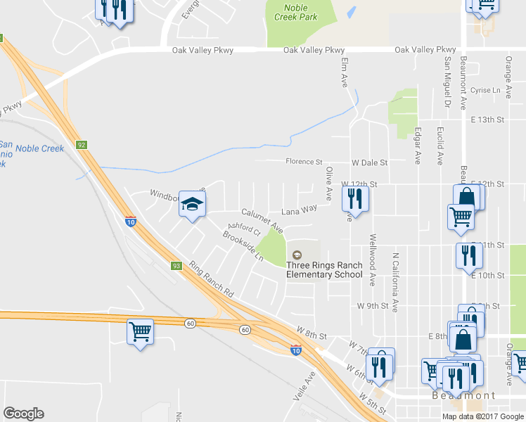 map of restaurants, bars, coffee shops, grocery stores, and more near 1153 Woodburn Circle in Beaumont
