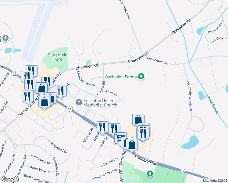 map of restaurants, bars, coffee shops, grocery stores, and more near 145 Fawn Drive in Athens