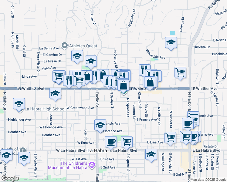 map of restaurants, bars, coffee shops, grocery stores, and more near 770 North Orange Street in La Habra