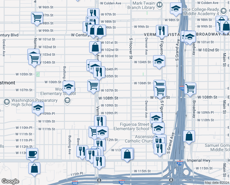 map of restaurants, bars, coffee shops, grocery stores, and more near 764 West 107th Street in Los Angeles