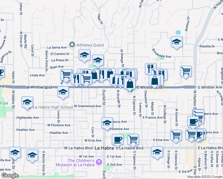 map of restaurants, bars, coffee shops, grocery stores, and more near 140 East Whittier Boulevard in La Habra