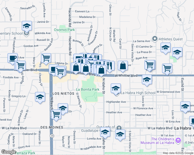 map of restaurants, bars, coffee shops, grocery stores, and more near 1240 West Whittier Boulevard in La Habra