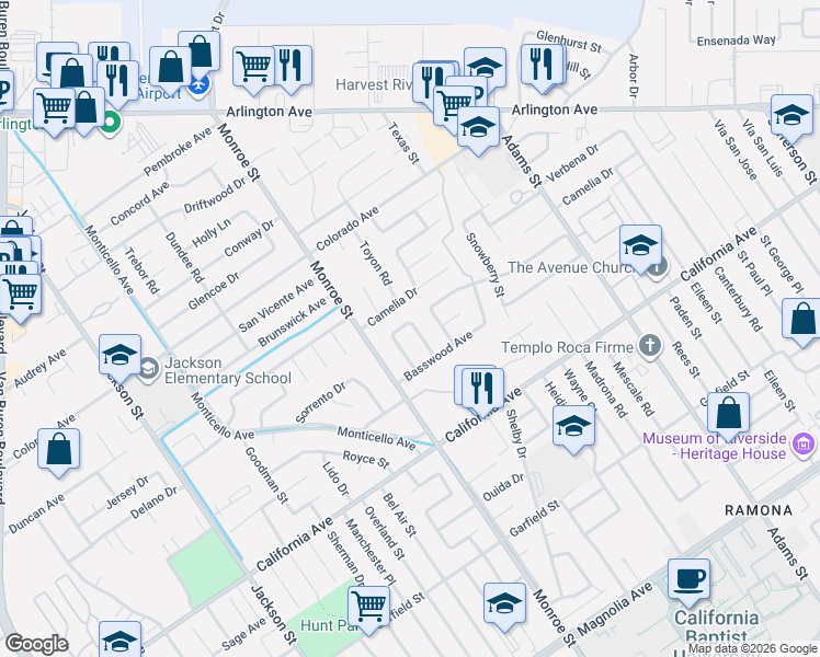 map of restaurants, bars, coffee shops, grocery stores, and more near 38 Toyon Road in Riverside