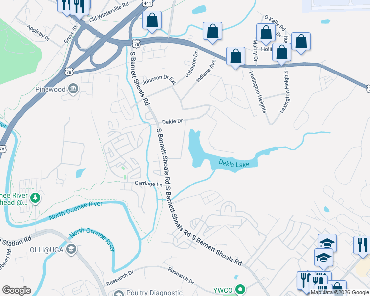 map of restaurants, bars, coffee shops, grocery stores, and more near 190 Lakewood Drive in Athens