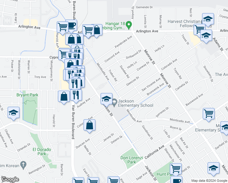 map of restaurants, bars, coffee shops, grocery stores, and more near 9025 Colorado Avenue in Riverside