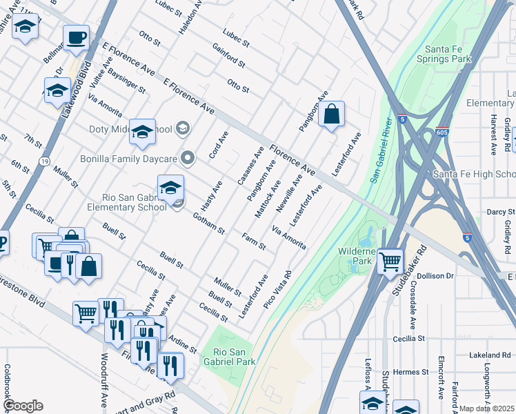 map of restaurants, bars, coffee shops, grocery stores, and more near 10343 Mattock Avenue in Downey