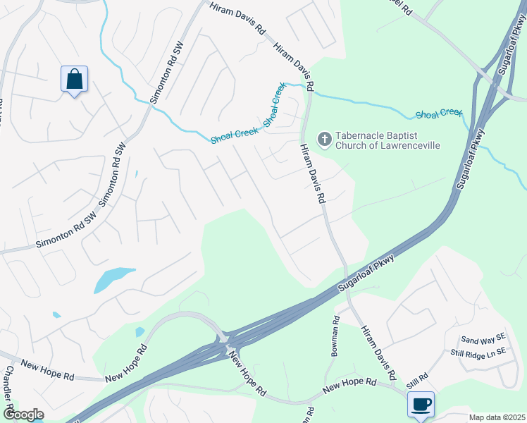 map of restaurants, bars, coffee shops, grocery stores, and more near 1093 Spruce Creek Lane in Lawrenceville