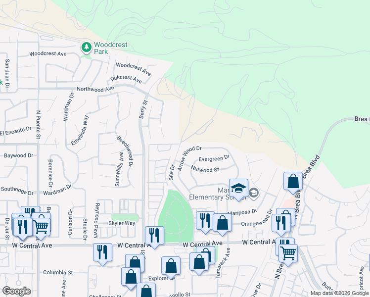 map of restaurants, bars, coffee shops, grocery stores, and more near 1327 Arrow Wood Drive in Brea