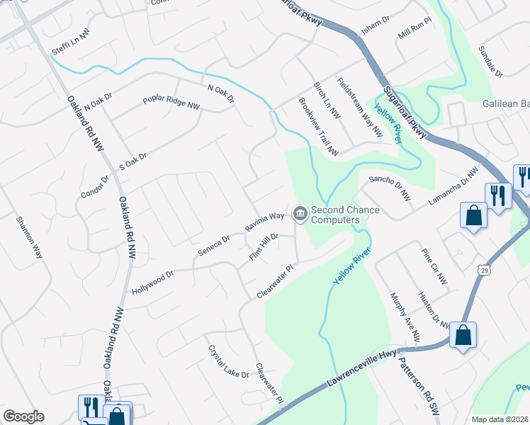 map of restaurants, bars, coffee shops, grocery stores, and more near 415 Ringtail Drive in Lawrenceville