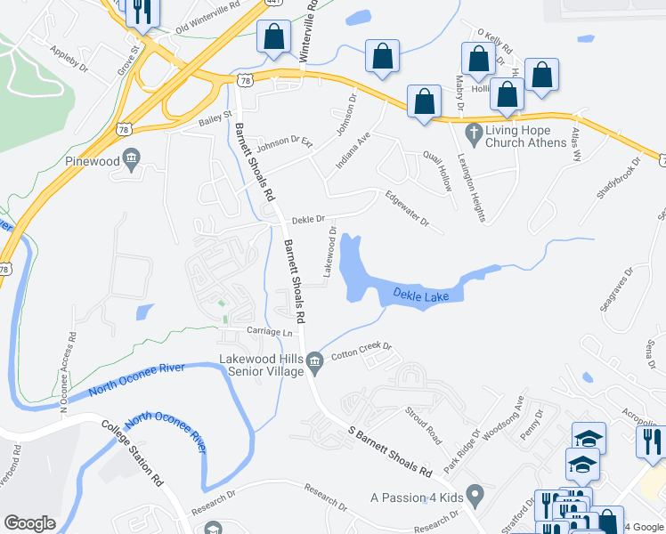 map of restaurants, bars, coffee shops, grocery stores, and more near 190 Lakewood Drive in Athens