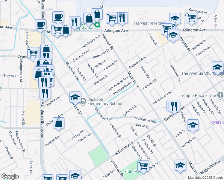 map of restaurants, bars, coffee shops, grocery stores, and more near 8850 San Vicente Avenue in Riverside