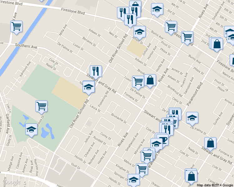 map of restaurants, bars, coffee shops, grocery stores, and more near 7518 Stewart and Gray Road in Downey