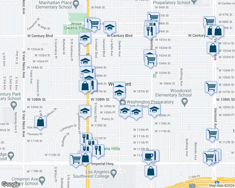 map of restaurants, bars, coffee shops, grocery stores, and more near 1606 West 107th Street in Los Angeles