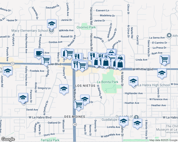 map of restaurants, bars, coffee shops, grocery stores, and more near 1631 El Rancho Drive in La Habra