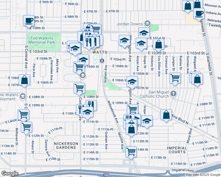 map of restaurants, bars, coffee shops, grocery stores, and more near 1727 East 107th Street in Los Angeles