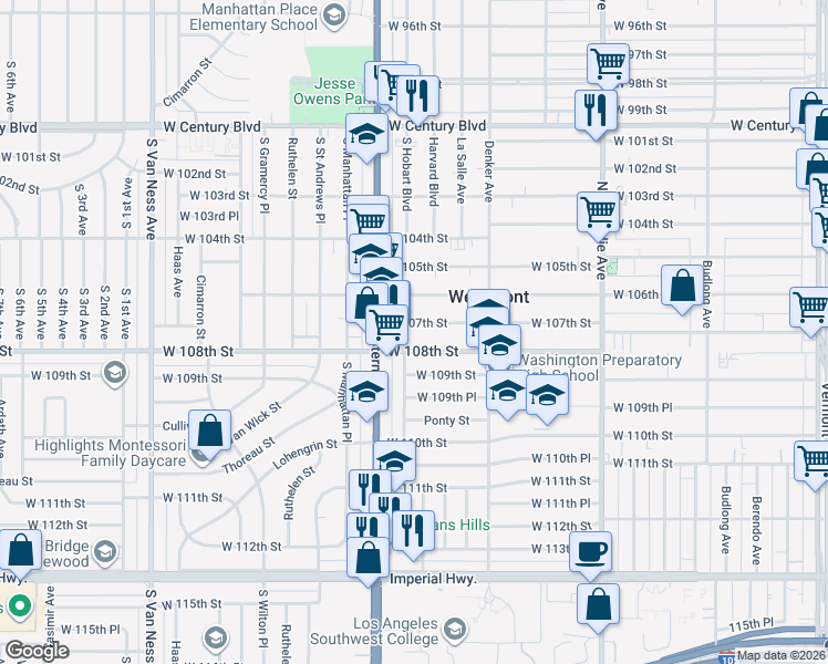 map of restaurants, bars, coffee shops, grocery stores, and more near 1722 West 107th Street in Los Angeles