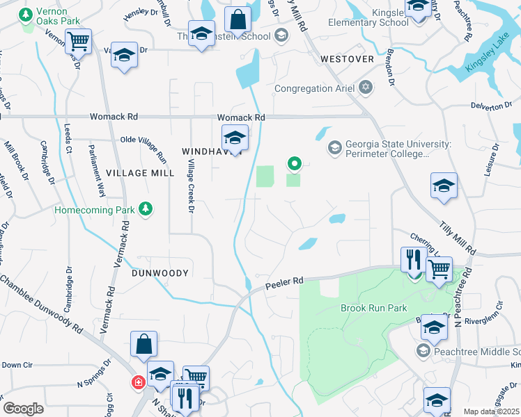 map of restaurants, bars, coffee shops, grocery stores, and more near 4833 Village North Court in Dunwoody