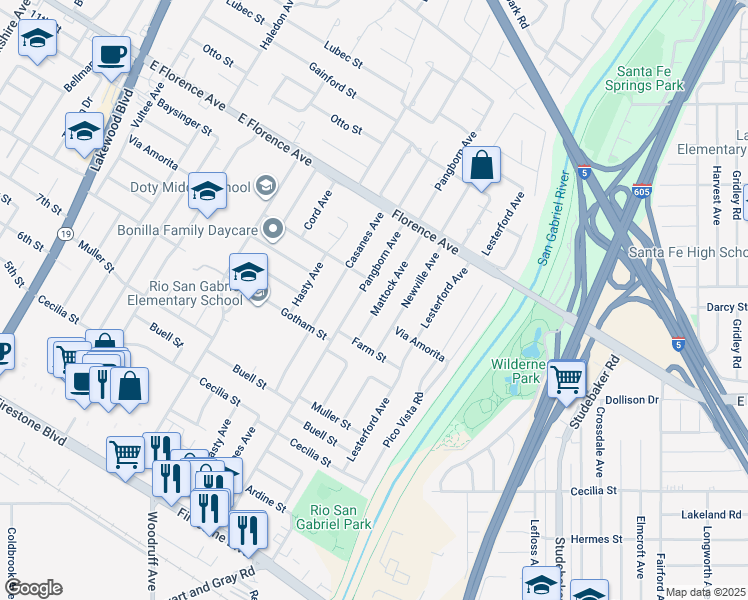 map of restaurants, bars, coffee shops, grocery stores, and more near 10343 Mattock Avenue in Downey