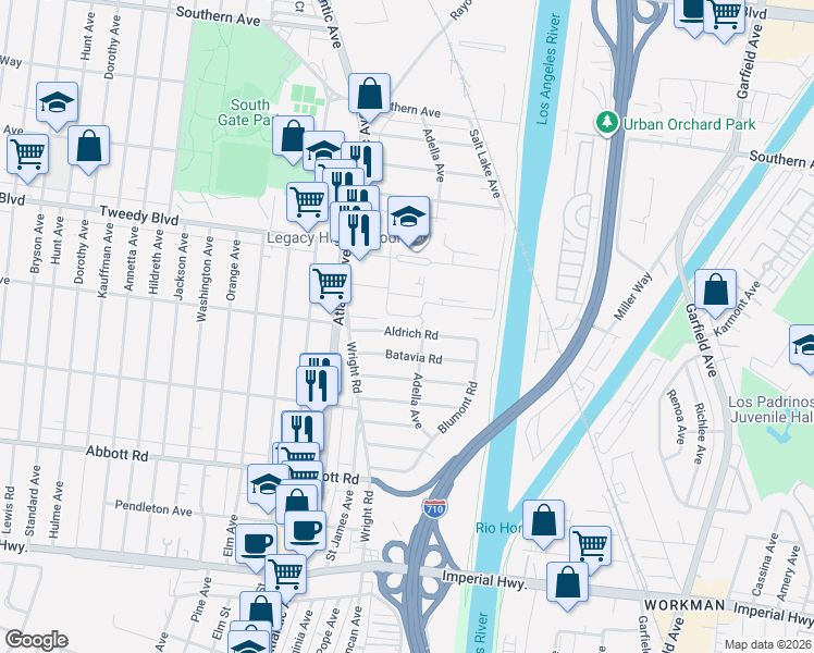 map of restaurants, bars, coffee shops, grocery stores, and more near 5265 Aldrich Road in South Gate