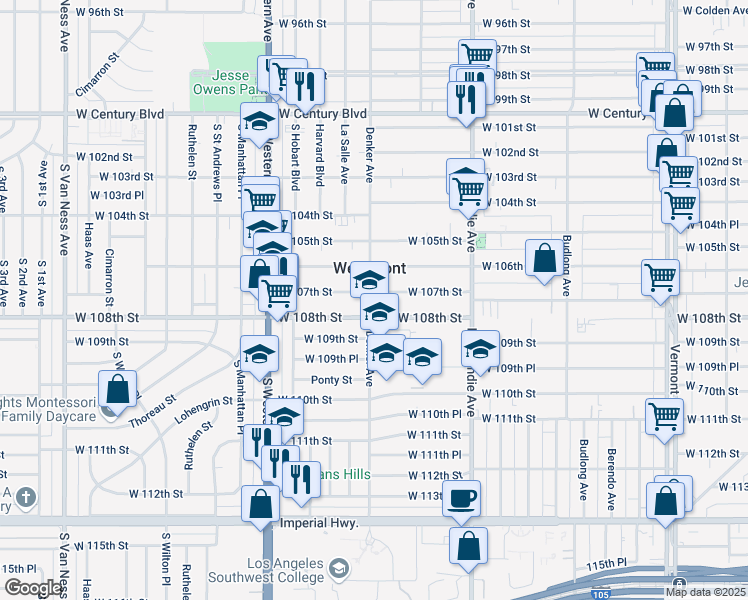 map of restaurants, bars, coffee shops, grocery stores, and more near 1606 West 107th Street in Los Angeles