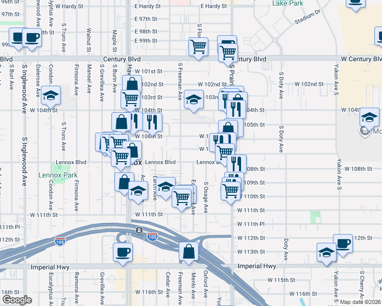map of restaurants, bars, coffee shops, grocery stores, and more near 4126 West 107th Street in Inglewood