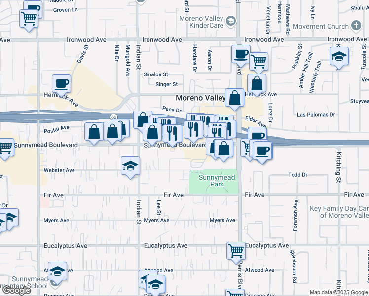 map of restaurants, bars, coffee shops, grocery stores, and more near 24735 Sunnymead Boulevard in Moreno Valley