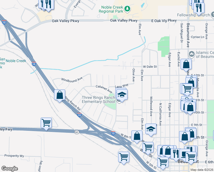 map of restaurants, bars, coffee shops, grocery stores, and more near 1153 Woodburn Circle in Beaumont