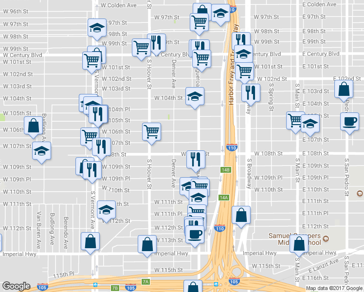 map of restaurants, bars, coffee shops, grocery stores, and more near 540 West 107th Street in Los Angeles