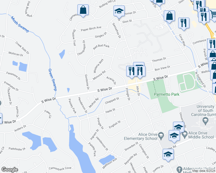 map of restaurants, bars, coffee shops, grocery stores, and more near 539 South Wise Drive in Sumter