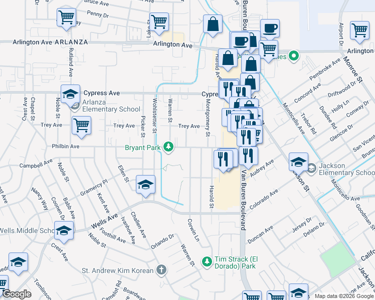 map of restaurants, bars, coffee shops, grocery stores, and more near 7830 Philbin Ave in Riverside