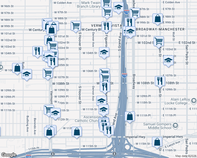 map of restaurants, bars, coffee shops, grocery stores, and more near 536 West 107th Street in Los Angeles