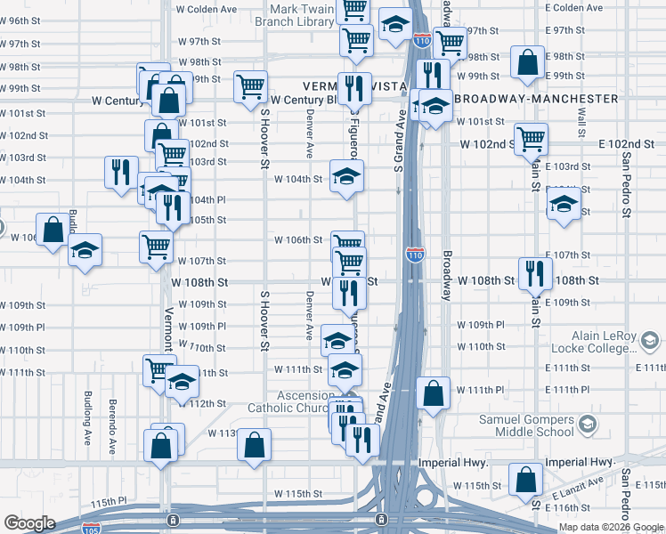 map of restaurants, bars, coffee shops, grocery stores, and more near 536 West 107th Street in Los Angeles