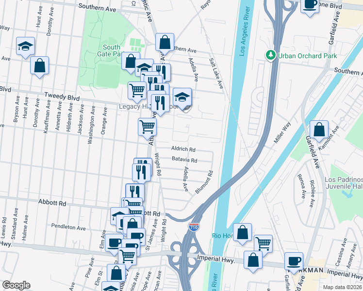 map of restaurants, bars, coffee shops, grocery stores, and more near 5265 Aldrich Road in South Gate
