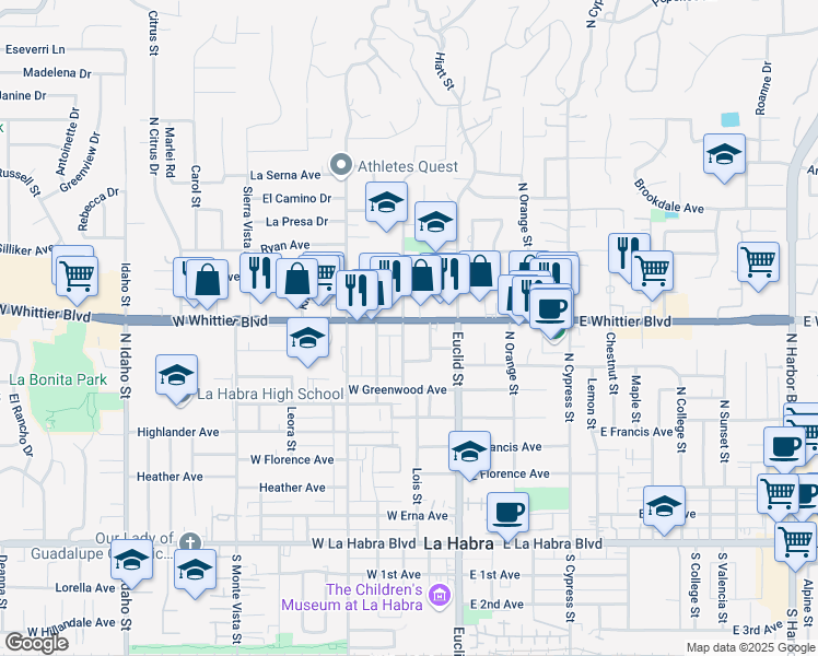 map of restaurants, bars, coffee shops, grocery stores, and more near 240 West Whittier Boulevard in La Habra