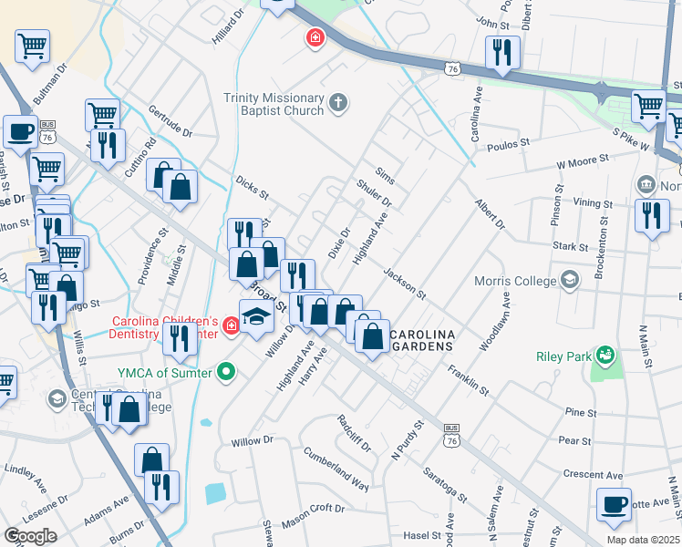 map of restaurants, bars, coffee shops, grocery stores, and more near 132 Highland Avenue in Sumter