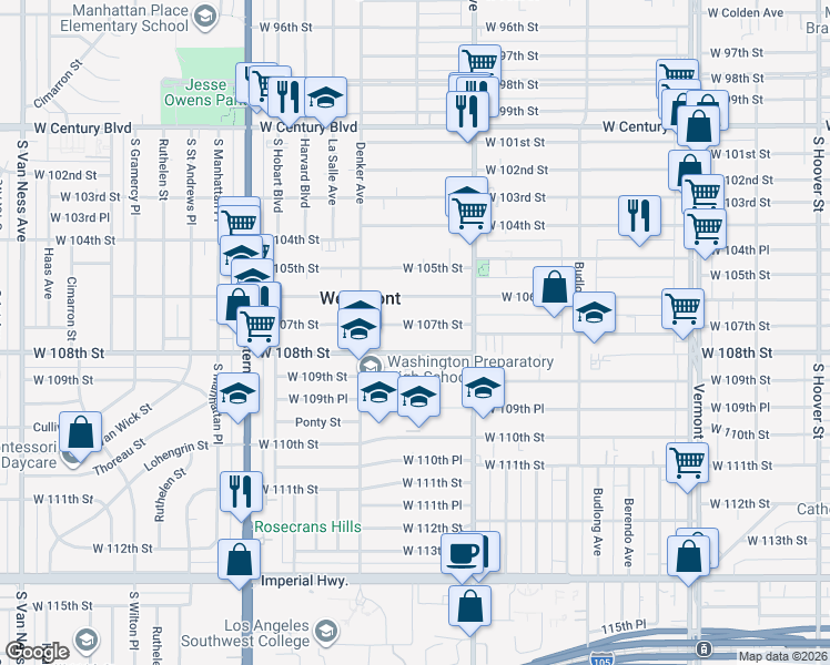map of restaurants, bars, coffee shops, grocery stores, and more near 1500 West 107th Street in Los Angeles