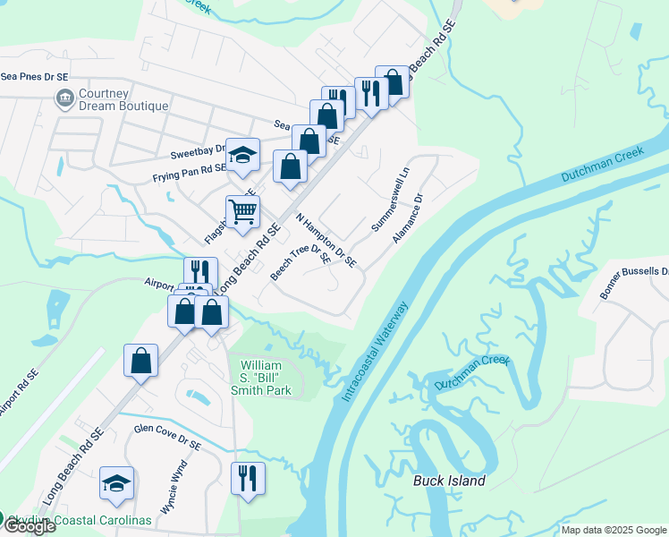 map of restaurants, bars, coffee shops, grocery stores, and more near 4509 Fleetwood Falls Drive Southeast in Southport