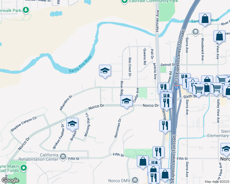 map of restaurants, bars, coffee shops, grocery stores, and more near 3985 Oak Ridge Circle in Norco