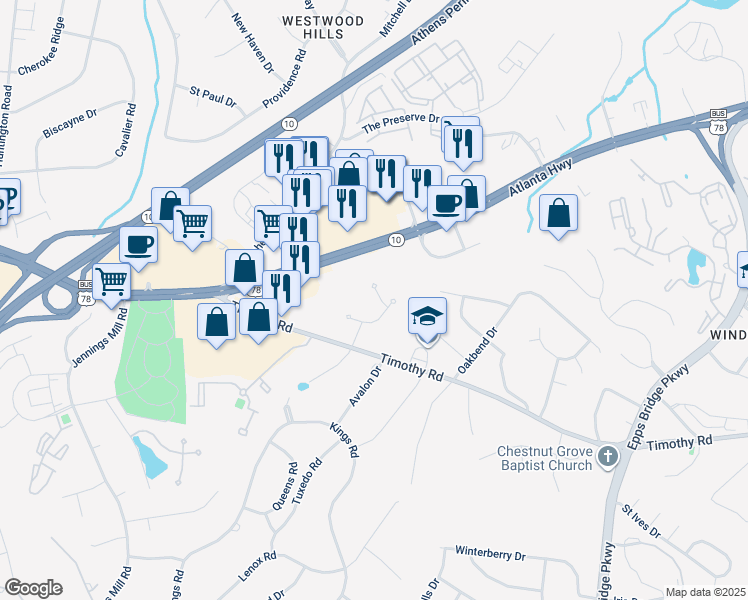 map of restaurants, bars, coffee shops, grocery stores, and more near 335 Wilde Oak Place in Athens