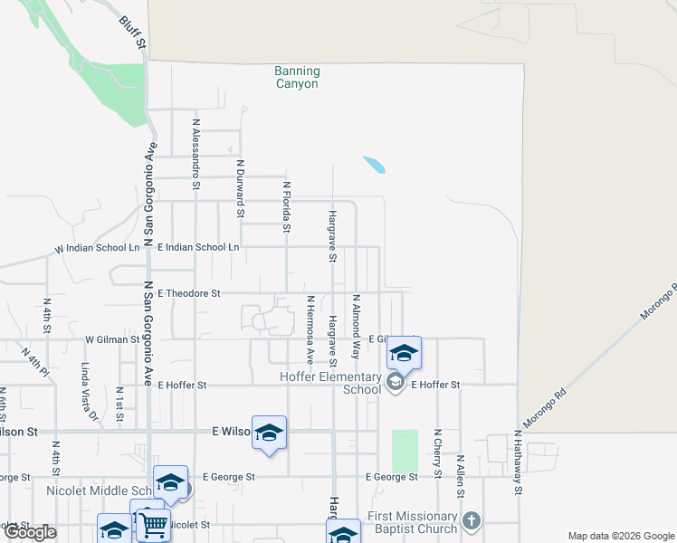 map of restaurants, bars, coffee shops, grocery stores, and more near 1494 North Hargrave Street in Banning