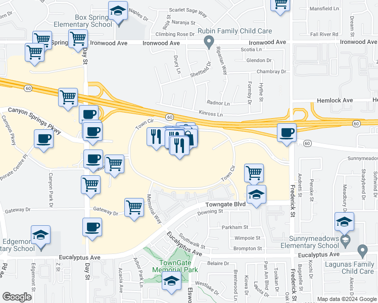 map of restaurants, bars, coffee shops, grocery stores, and more near 22500 Town Circle in Moreno Valley