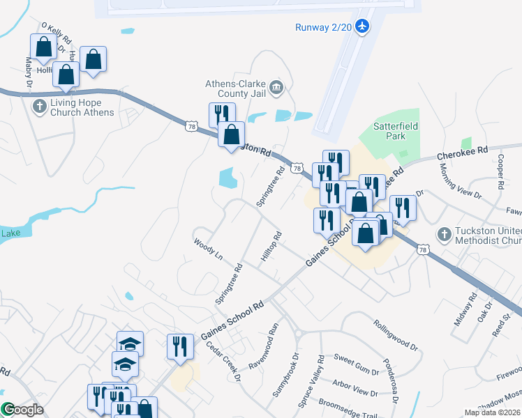 map of restaurants, bars, coffee shops, grocery stores, and more near 196 Cabin Lane Extension in Athens