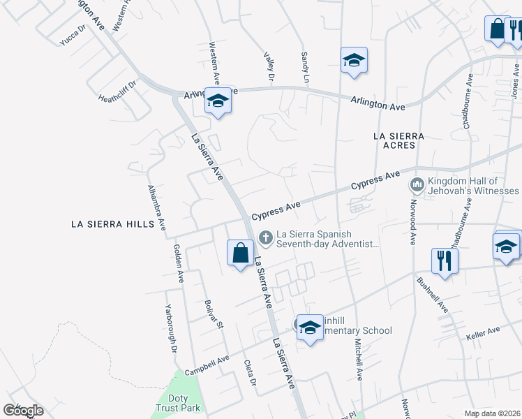 map of restaurants, bars, coffee shops, grocery stores, and more near 11047 Cypress Avenue in Riverside