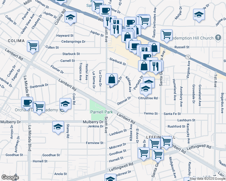 map of restaurants, bars, coffee shops, grocery stores, and more near 10601 Woodstead Avenue in Whittier