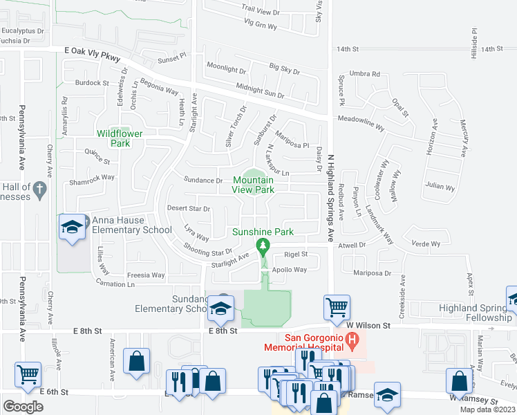 map of restaurants, bars, coffee shops, grocery stores, and more near 1118 Sunburst Drive in Beaumont