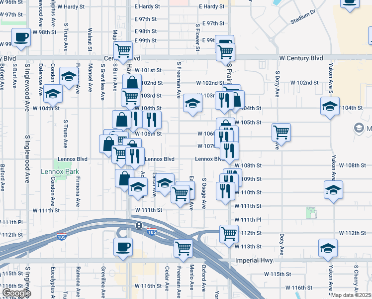 map of restaurants, bars, coffee shops, grocery stores, and more near 4142 West 107th Street in Inglewood