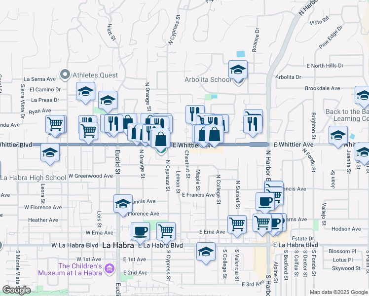 map of restaurants, bars, coffee shops, grocery stores, and more near 761 Chestnut Street in La Habra
