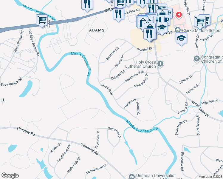 map of restaurants, bars, coffee shops, grocery stores, and more near 510 Riverhill Drive in Athens