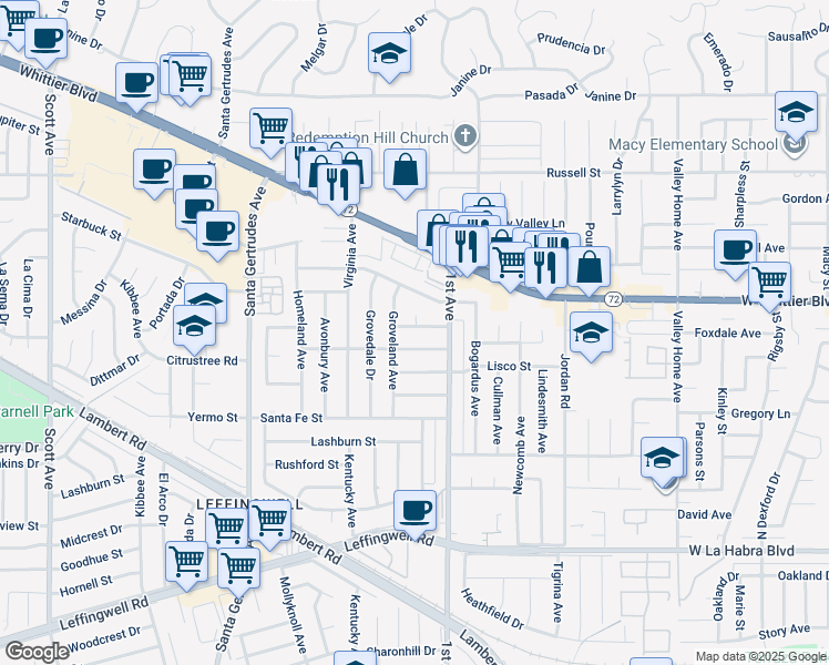 map of restaurants, bars, coffee shops, grocery stores, and more near 16120 Leffco Road in Whittier