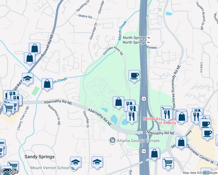 map of restaurants, bars, coffee shops, grocery stores, and more near 6747 Cadence Boulevard in Sandy Springs
